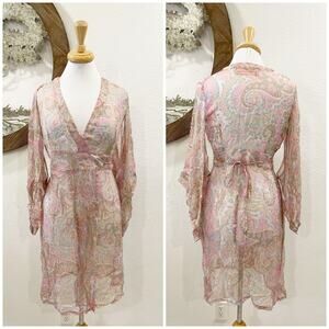 Caryna Nina Haute Couture Designer Wrap Floral Paisley Dress Coverup Kimono Pink